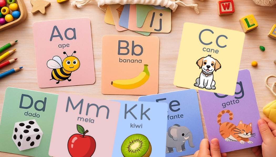Flashcards Alfabeto Italiano per Bambini | 26 Carte Montessori Stampabili | tbc Italiano, Immagini Colorate, PDF + PNG + JPG